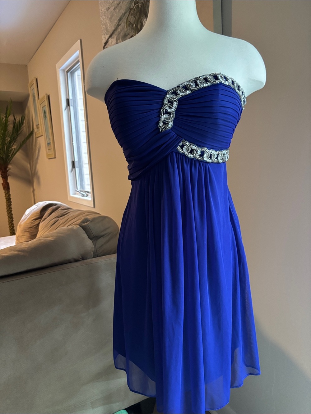 Stacy Sklar Strapless Cobalt Blue Cocktail Dress with Silver Embellishment